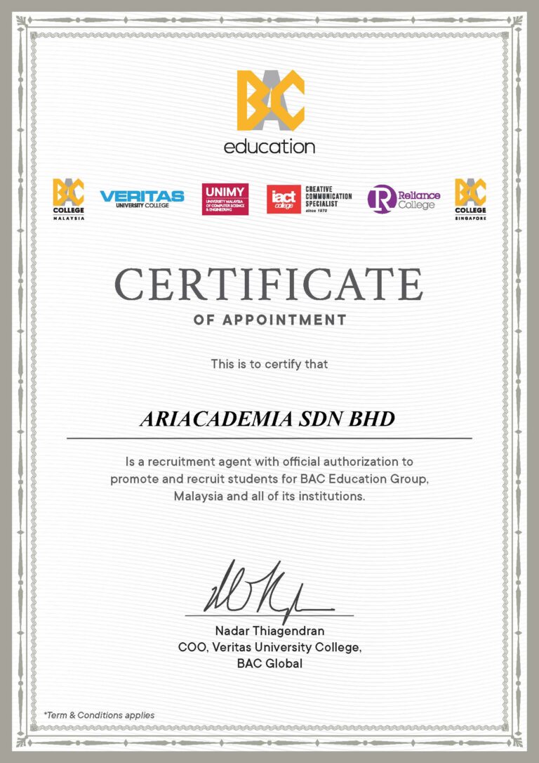 CERTIFICATE ARIACADEMIA SDN BHD
